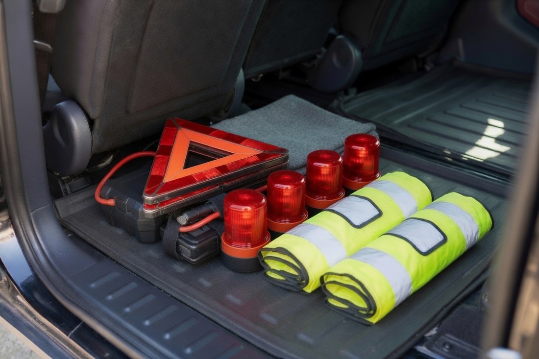 A car boot with an emergency kit laid out: a reflective warning triangle, a compact jump-starter pack, four battery beacons, two rolled high-visibility vests and a folded blanket
