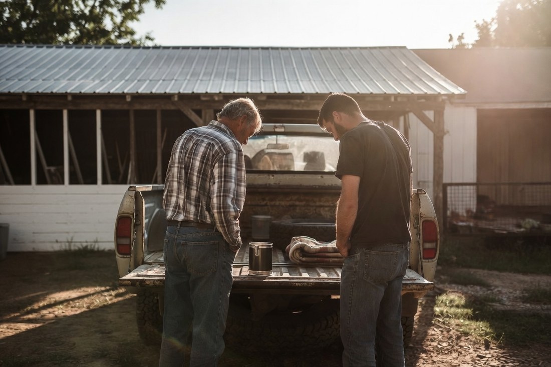 An older man and a younger man standing at the open tailgate of an old pickup in a farmyard at golden hour, both looking down at a coffee can and a folded blanket set out on the tailgate