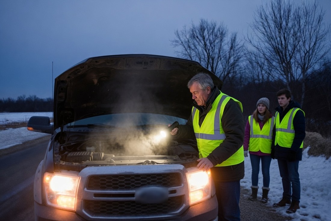 An older man in a high-visibility vest holding a flashlight under the raised hood of a pickup at winter dusk, steam rising from the engine, his family standing well back from the road behind him, all of them also in high-visibility vests
