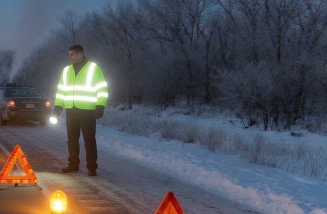 A man in a high-visibility vest standing well off the road on a snowy shoulder at dusk with a flashlight, his car stopped behind him with its hazard lights on
