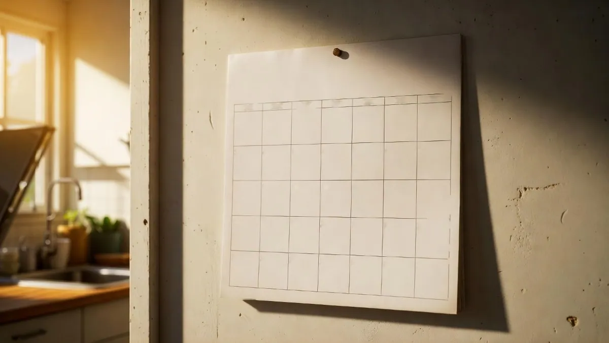 A blank paper wall calendar hanging on a nail in a kitchen, empty grid squares, warm morning light from a window at the left