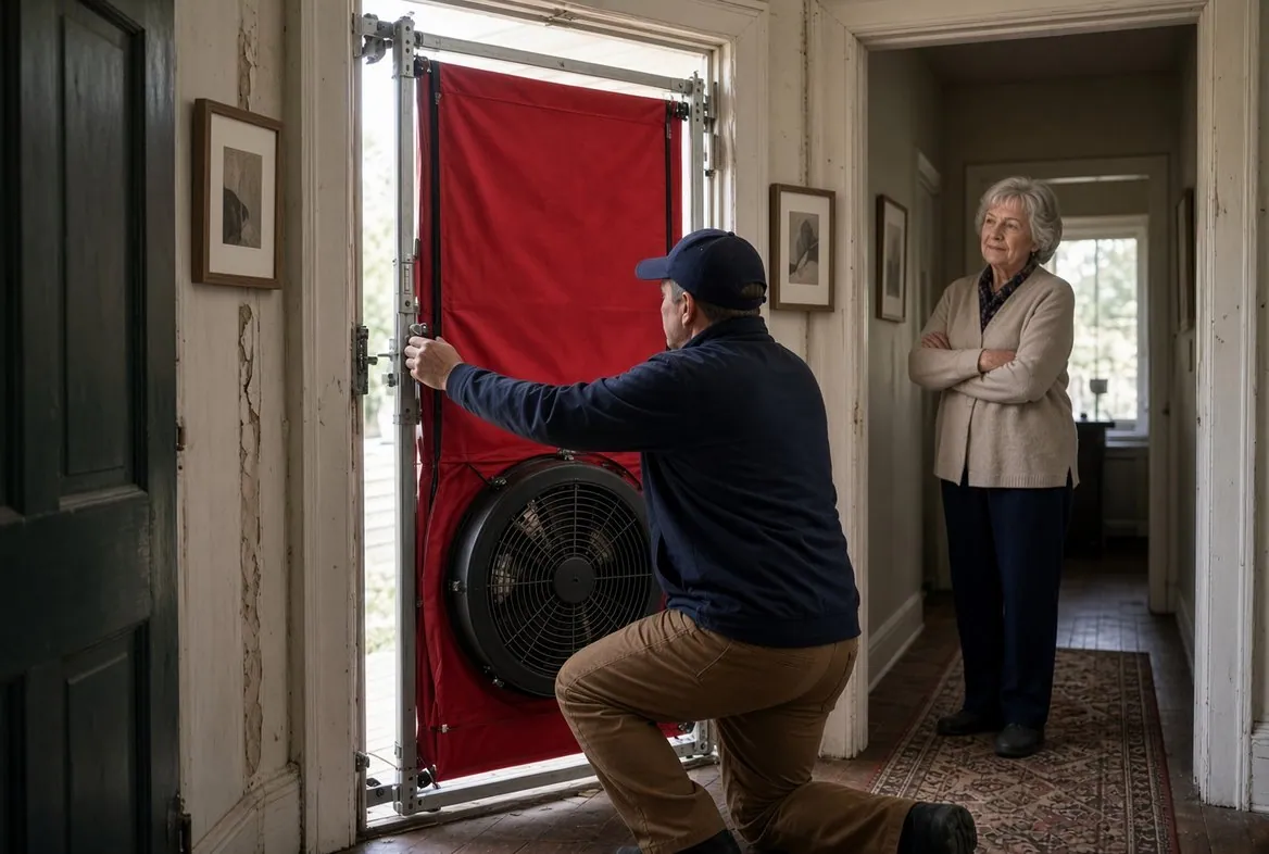 A technician kneeling to fit a blower door with a red fabric panel and a large fan into the open front doorway of an older house, while an older woman stands further down the hallway watching
