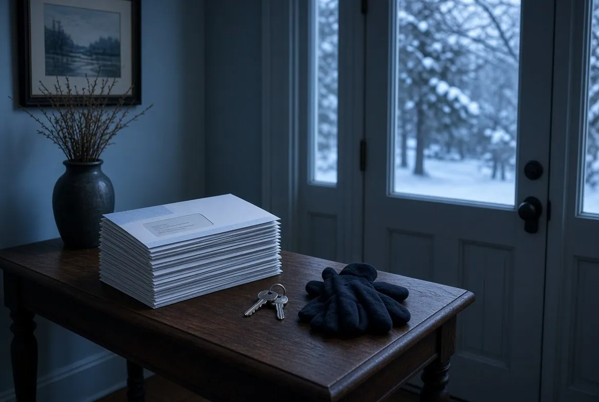 A stack of about twenty unopened window envelopes squared up on a hall table beside house keys and a pair of gloves, cold winter light coming through the glass of the front door