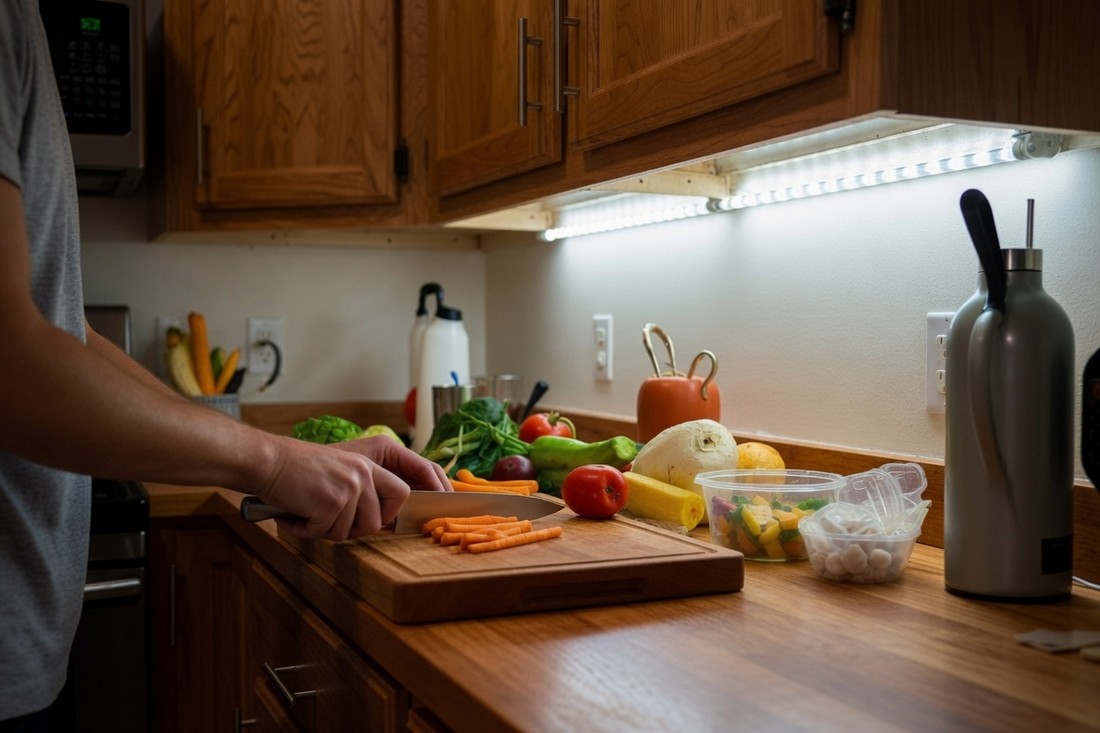 A kitchen counter lit by an LED strip mounted under the wall cabinets, with hands slicing carrots on a chopping board and no shadow falling across the work