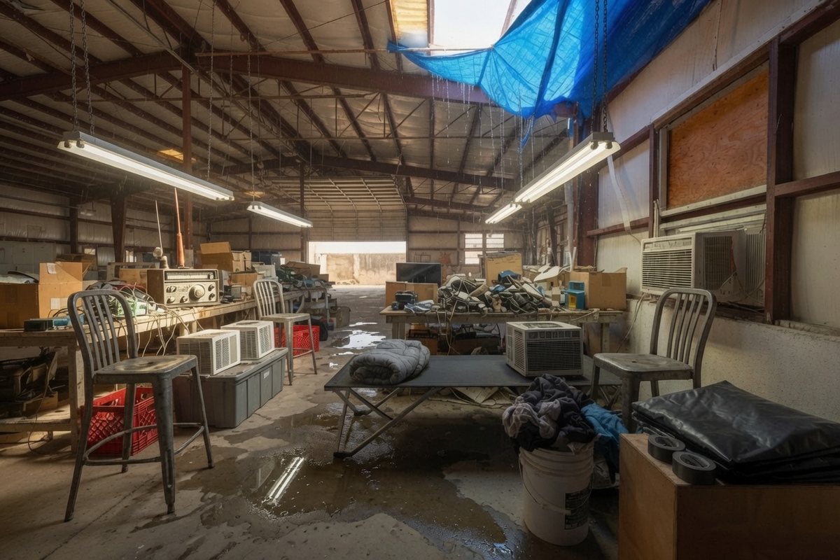A warehouse interior in use as a temporary camp: a blue tarp strung under a leaking roof, a folding cot, window air conditioning units, a laundry bucket and rolls of duct tape on a wet concrete floor