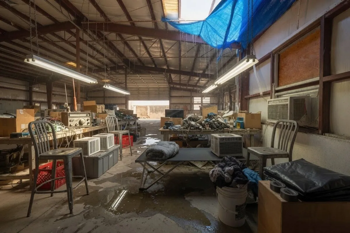 A warehouse interior in use as a temporary camp: a blue tarp strung under a leaking roof, a folding cot, window air conditioning units, a laundry bucket and rolls of duct tape on a wet concrete floor