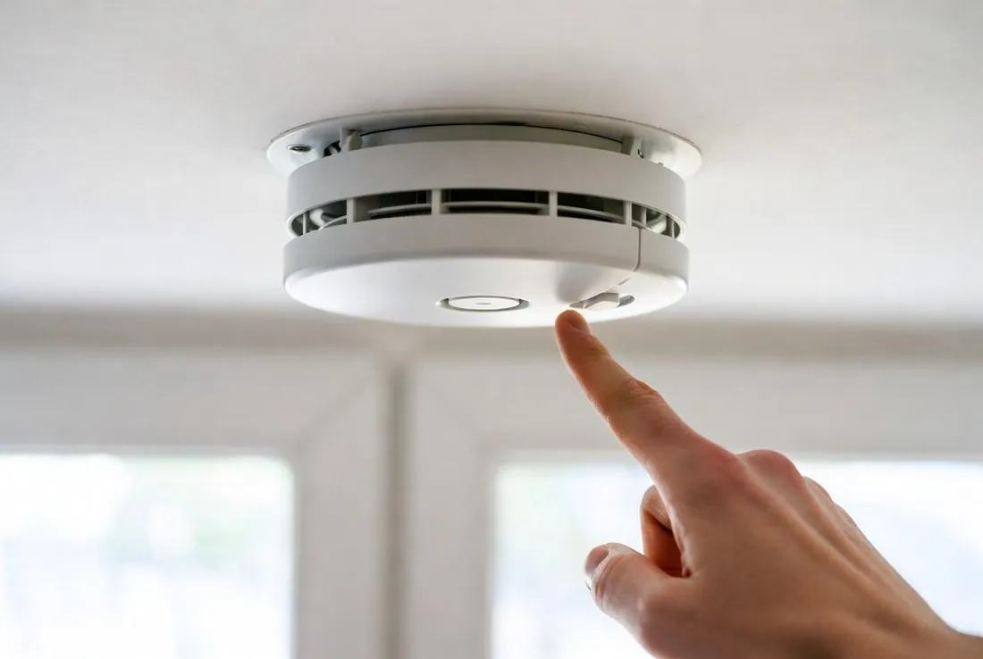 A hand pressing the test button on a round white alarm mounted on a ceiling near a window