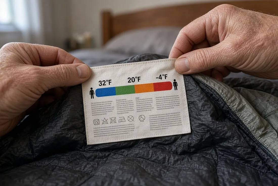 Two older hands holding the sewn-in rating label on the side of a camping sleeping bag flat towards the camera, showing three temperature figures &mdash; 32F, 20F and minus 4F &mdash; above a coloured bar running blue, green, orange and red with a small human figure at each end