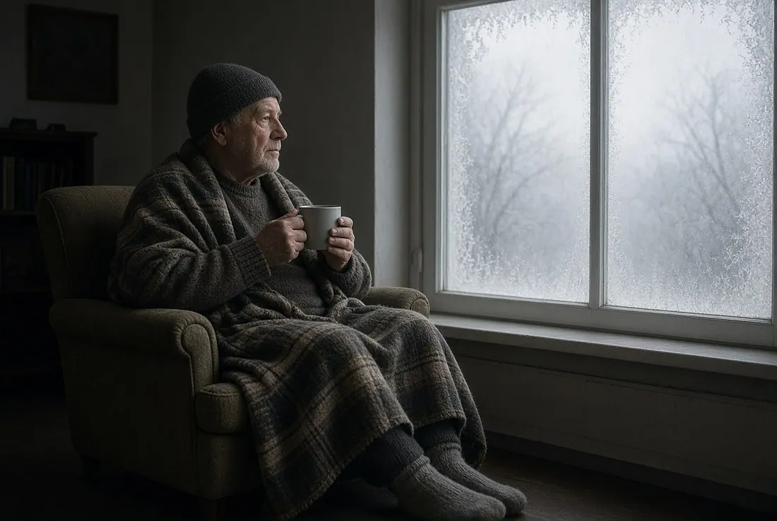 An older man sitting in an armchair in a dim unlit room wearing a knitted hat and wrapped in a heavy wool blanket with thick socks on, holding a mug in both hands, beside a large window covered in heavy frost
