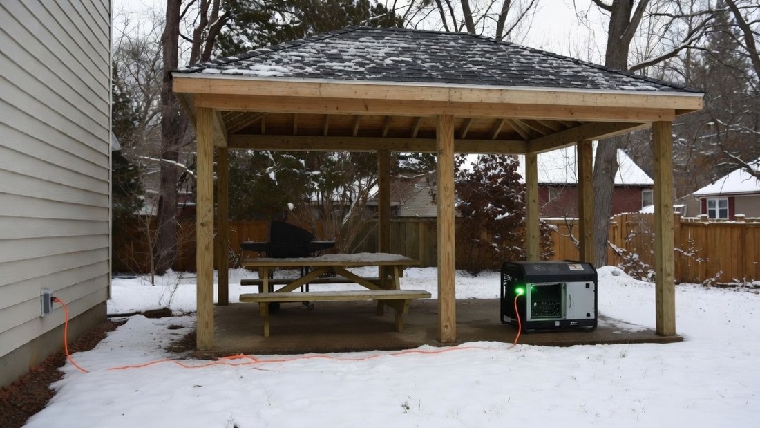 A portable generator standing on the concrete slab of a freestanding open-sided garden pavilion in a snowy back yard, an orange cable running from it across the snow to a power inlet box on the wall of the house well off to the left