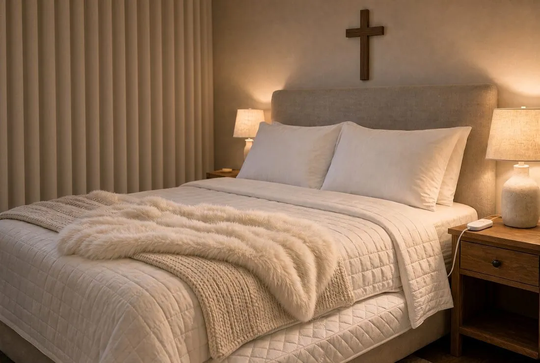 A neatly made bed in warm lamplight with a quilted white coverlet, a knitted blanket and a fur throw layered across the foot, the small white controller of a heated mattress pad resting on the wooden nightstand with its cord running under the covers