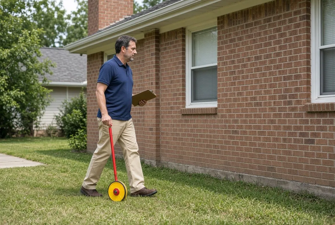 A man in a navy polo shirt and khakis walking along the side of a brick ranch house, pushing a measuring wheel across the lawn with a clipboard in his other hand
