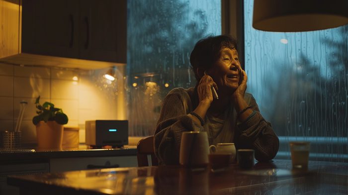 Senior woman smiling on phone call during a storm, router glowing on counter behind her — Wi-Fi Calling over Starlink