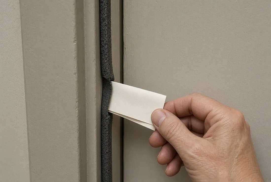 A hand pulling on a folded slip of paper trapped between a closed door and its frame, with a strip of dark foam weatherstripping running down the frame where the paper passes through it
