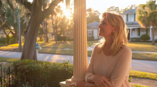 Florida woman in her 50s on her porch — prepare at 50, independent at 70