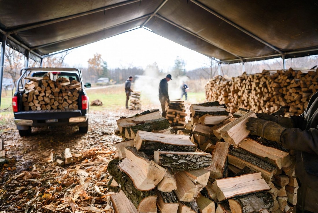 Volunteers stacking split firewood into ricks under an open tarp shelter beside a pickup loaded with wood on a late autumn day