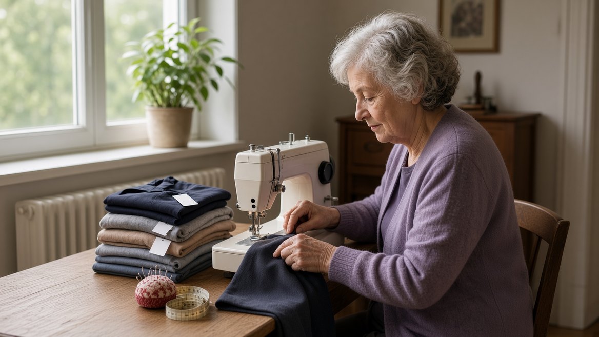 An older woman at a sewing machine beside a window, hemming a garment, with a stack of folded clothes each carrying a small pinned ticket waiting beside her