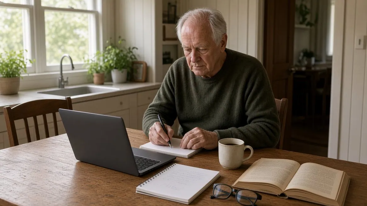 An older man at a kitchen table with a laptop open in front of him, writing in a spiral notebook and looking at the notebook rather than the screen, an old reference book open beside him