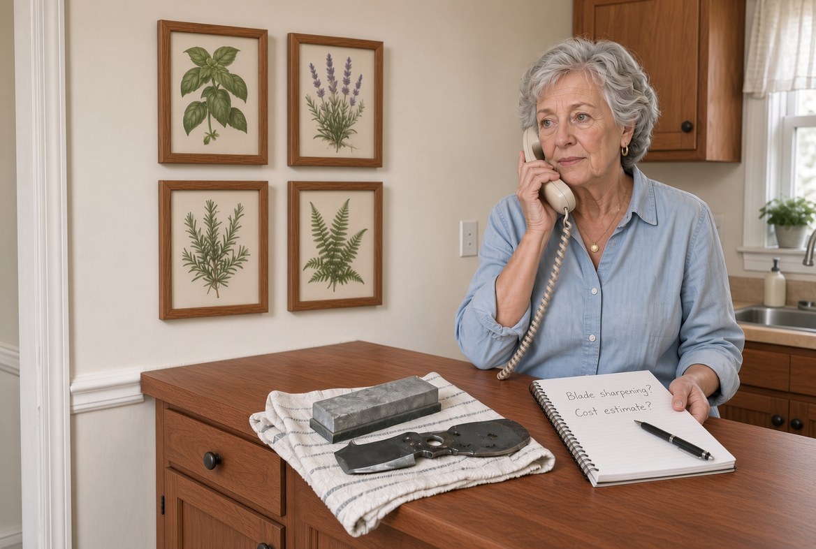 An older woman standing at a kitchen counter with a corded telephone to her ear, a mower blade and a sharpening stone on a folded towel beside her and an open notepad in front of her with two questions written on it