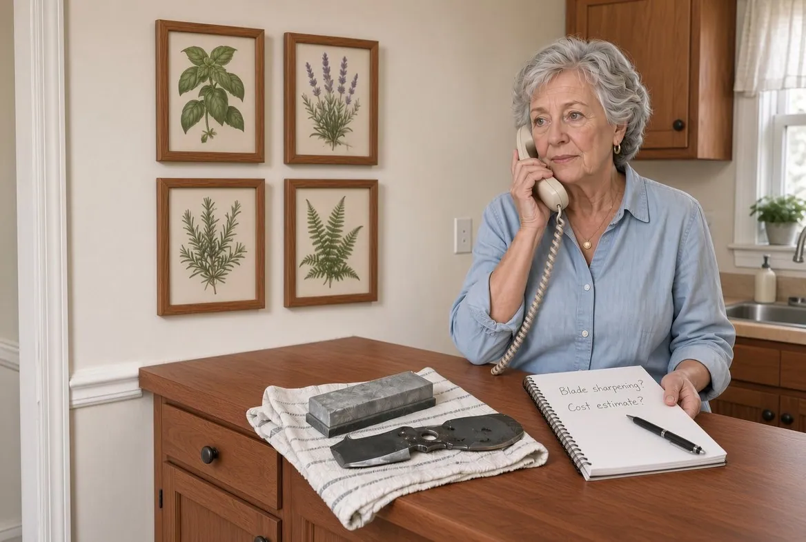 An older woman standing at a kitchen counter with a corded telephone to her ear, a mower blade and a sharpening stone on a folded towel beside her and an open notepad in front of her with two questions written on it