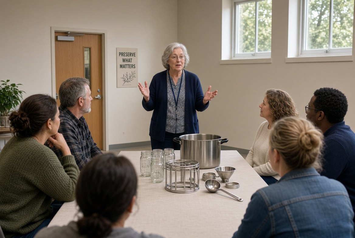 An older woman standing at the head of a table in a plain community hall teaching a seated group of adults, with preserving jars, a large canning pot, a funnel and a jar lifter laid out in front of them