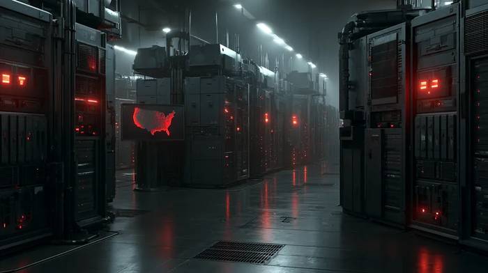 Dark server room with rows of computer racks glowing red alert lights and a US map on a monitor showing threat hotspots — the visual reality of a grid cyberattack in progress