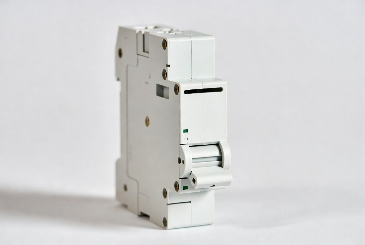 A single modern white smart circuit breaker photographed on a plain background, with a test slot, paddle switch, and small green status indicators