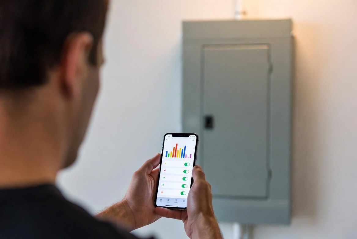 A person seen from behind holding a smartphone in both hands showing a home energy app with a bar graph and rows of circuit toggles, a closed gray electrical panel on the wall ahead