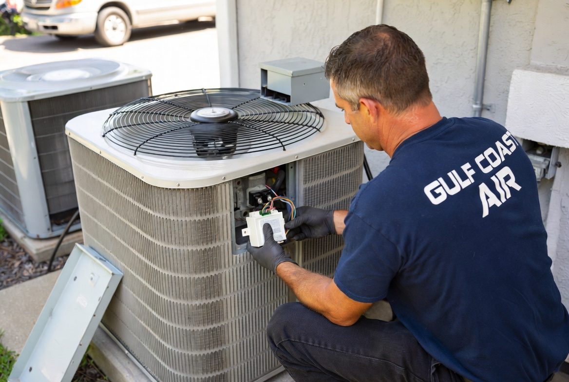 An HVAC technician in a company shirt, kneeling at an outdoor air conditioning condenser with the access panel removed, holding a small white soft start module against the compressor terminals with gloved hands