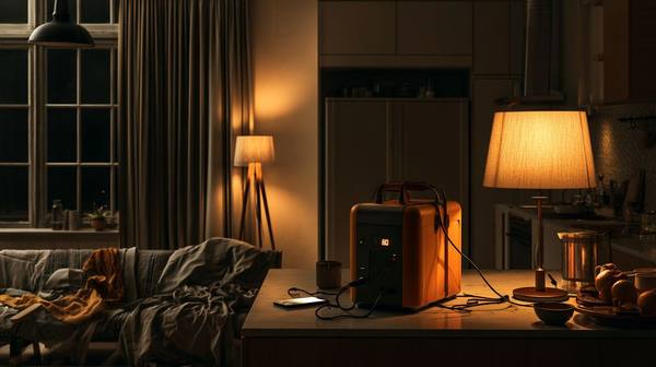 Portable power station glowing on kitchen counter during power outage with lamp and phone charging