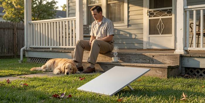 Square portable Starlink Mini dish on its kickstand in a front yard, with a man relaxing on his porch steps with coffee and his dog nearby — the easy, no-mount setup built for renters, travelers, and emergency kits