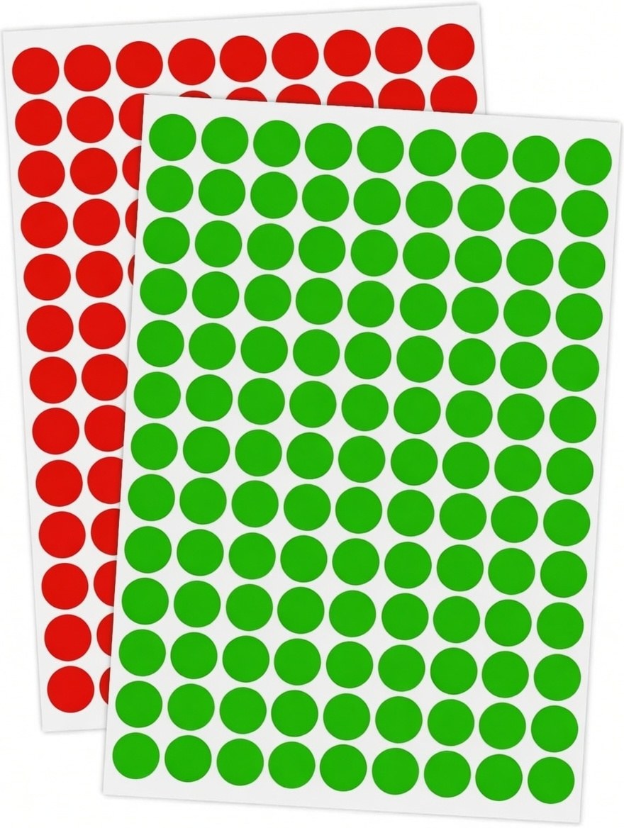 Two sheets of small round office-supply stickers, one of red dots and one of green dots