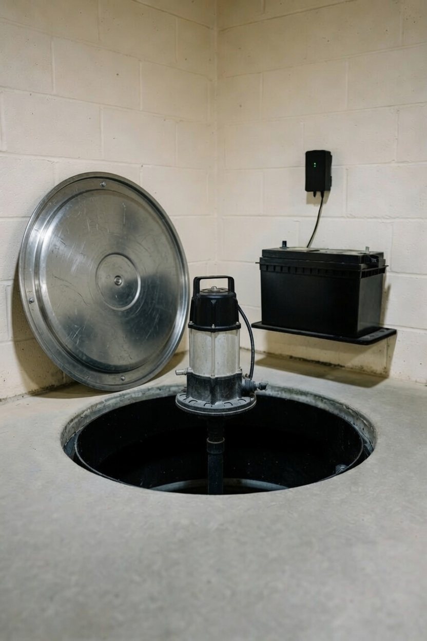 An open sump pit with a submersible pump inside, its polished lid leaning against the block wall, a battery in a black case on a wall shelf beside it, and a small charger with a green light mounted above