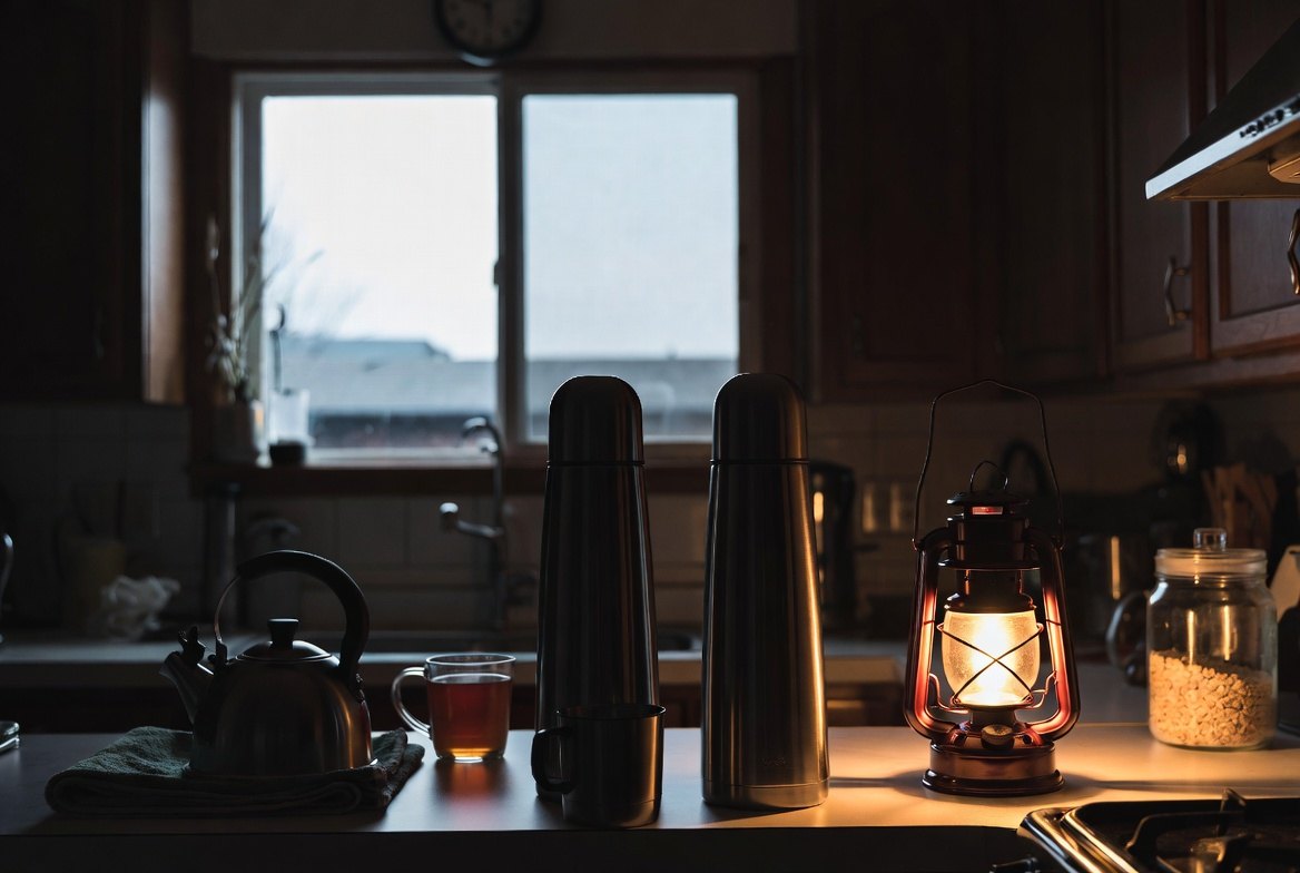 A dim kitchen during a power outage lit by one battery lantern, two stainless thermoses standing on the counter beside a kettle on a folded towel, a mug of tea, and a jar of oatmeal