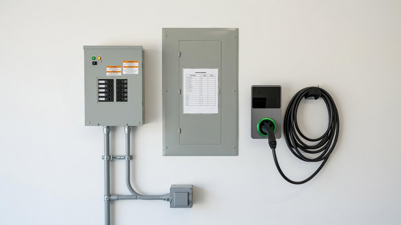A clean garage wall with a generator transfer switch and its conduit run on the left, a residential breaker panel with a directory card on its door in the middle, and a wall-mounted EV charger with a neatly coiled cable on the right