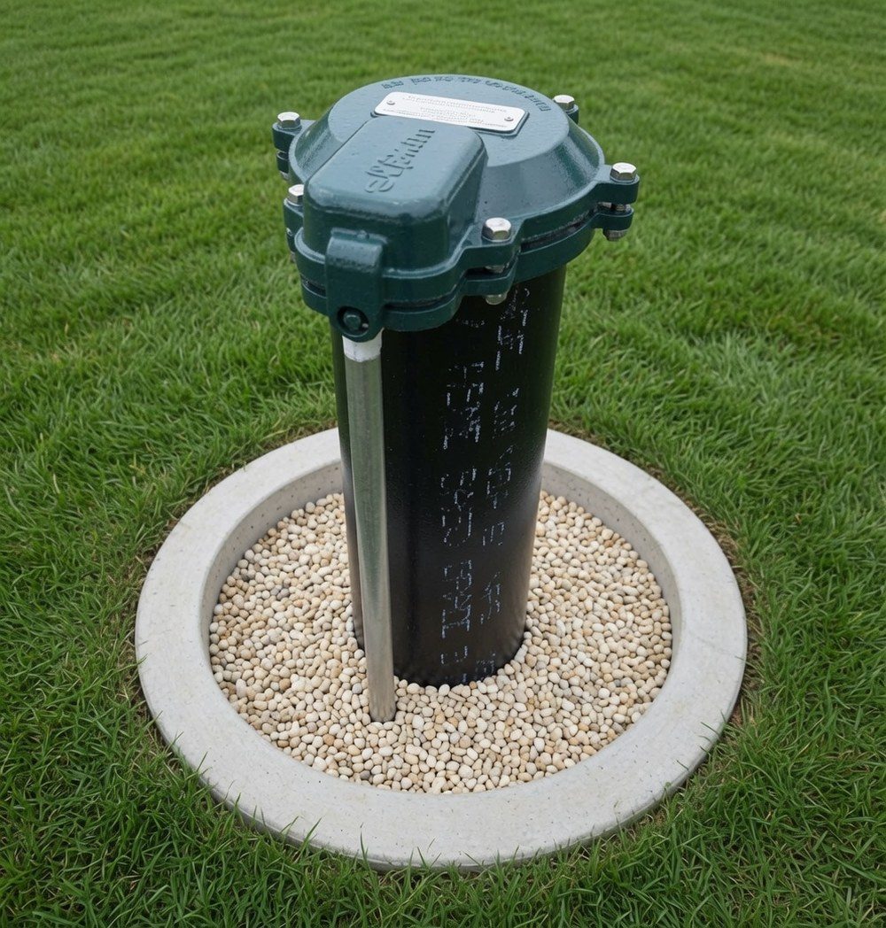 A residential well cap rising a few inches above the grass in a tidy backyard