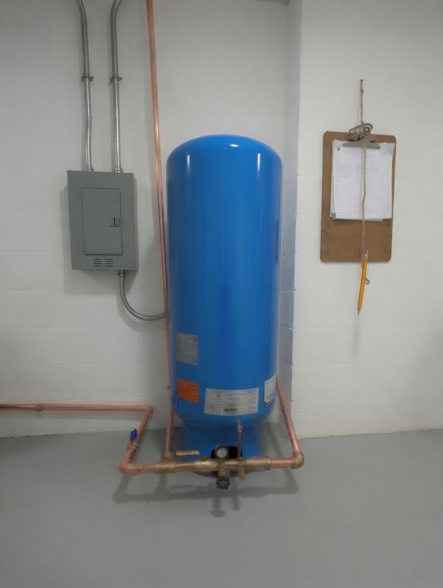 A tall smooth blue well pressure tank on copper piping against a clean block wall, with a pressure gauge on the piping at its base, a gray control box mounted on the wall to its left, and a clipboard with a pencil hanging on the wall beside it