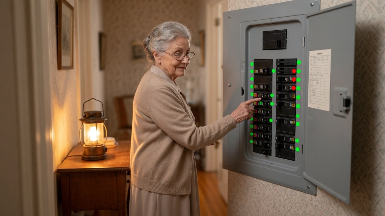 A silver-haired woman in her nineties standing at her open breaker panel by lantern light, the interior cover in place, green and red sticker dots beside the switches, her fingertip raised to one switch, handwritten directory cards taped inside the door